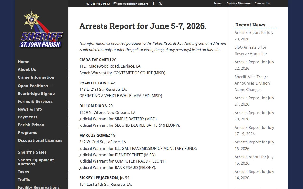 Official St. John Parish Sheriff sample arrest report
