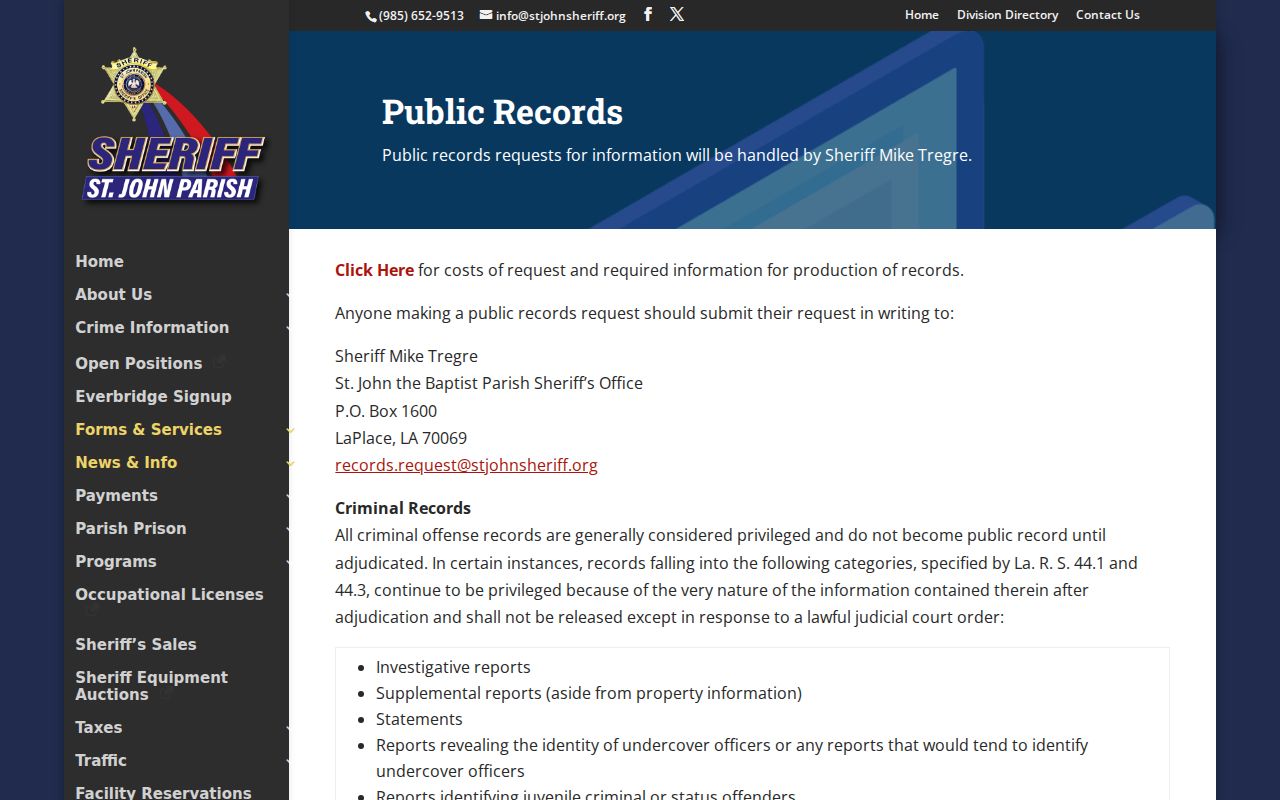 St. John the Baptist Parish Sheriff public-record request page