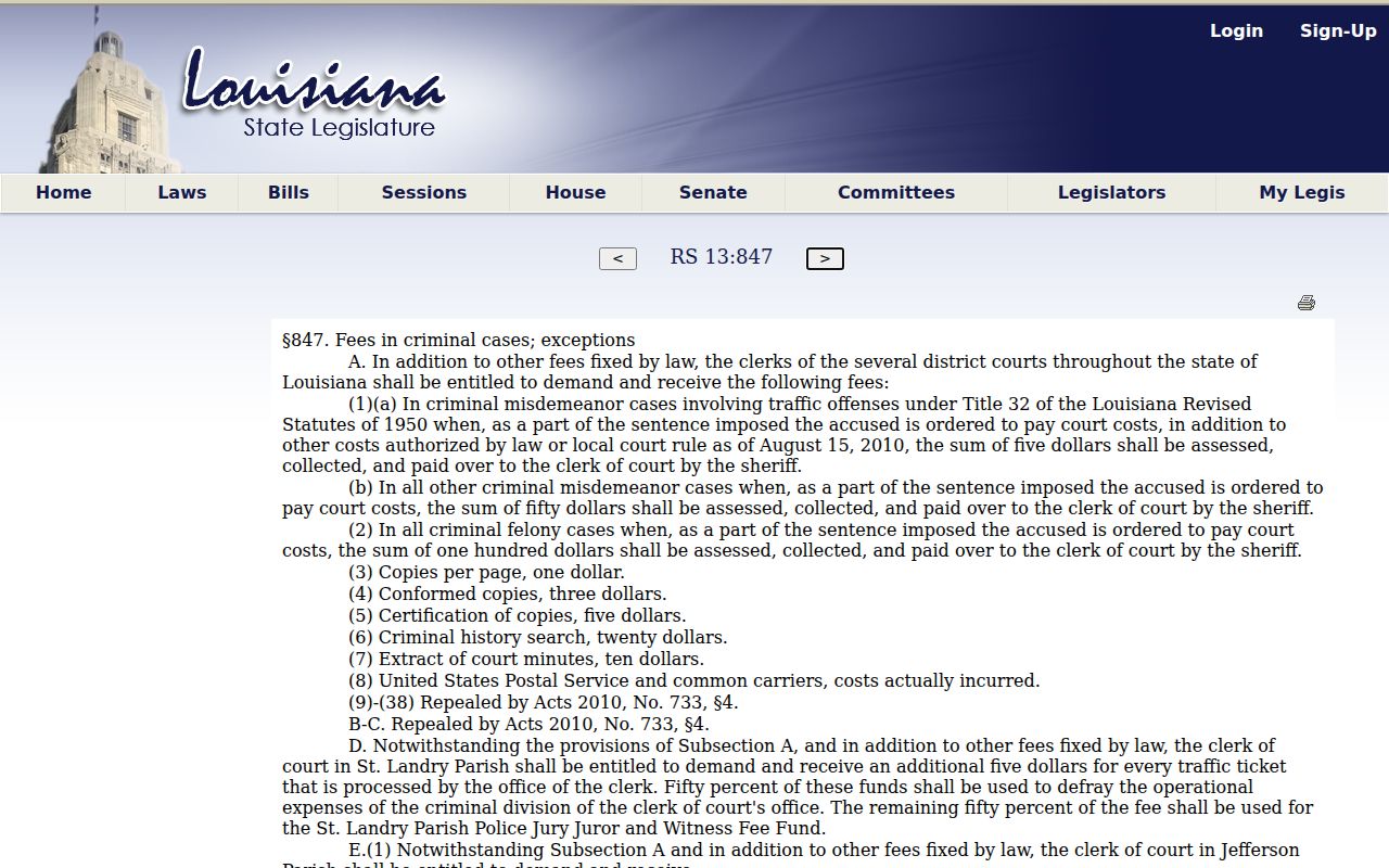 Louisiana clerk criminal and expungement fee law for St. John the Baptist Parish court cases