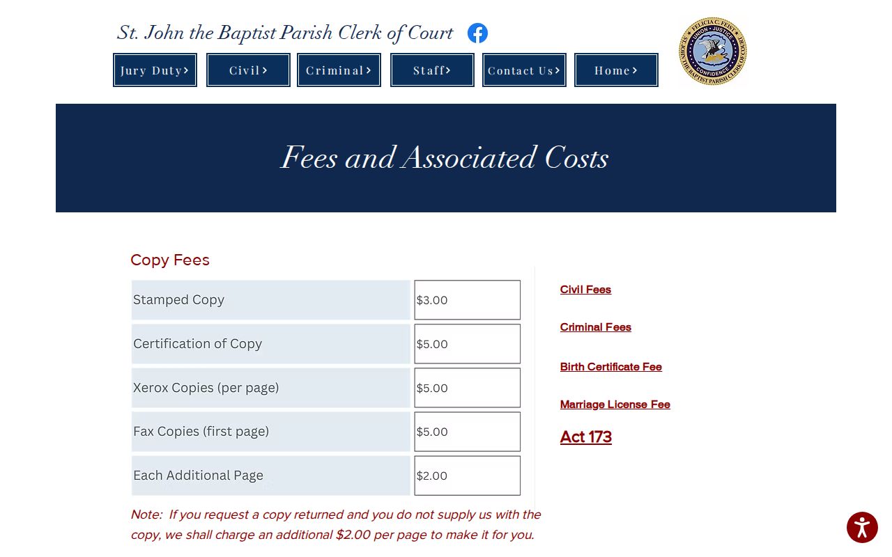 Official St. John the Baptist Parish Clerk fees and Clerk Connect information