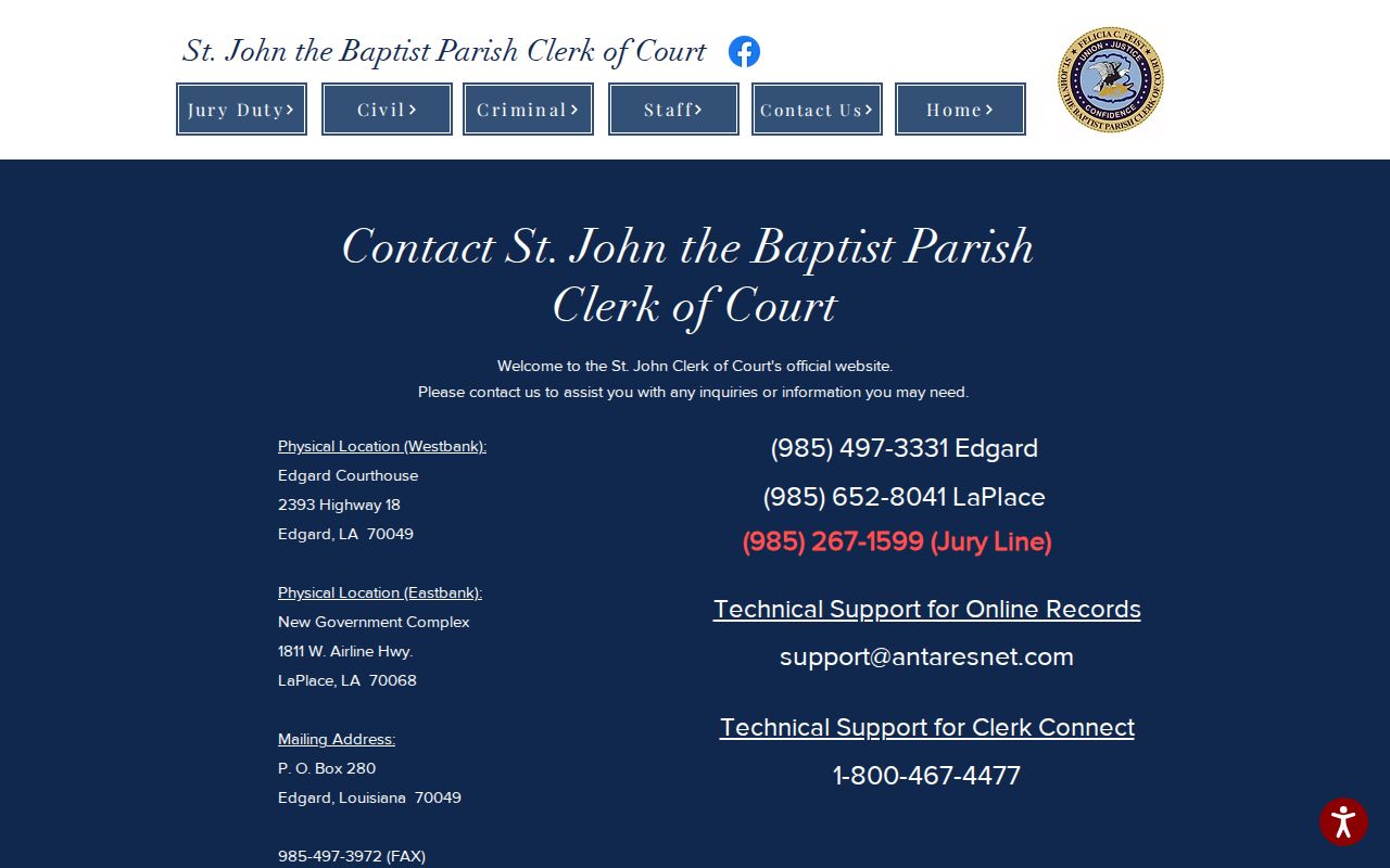 St. John the Baptist Parish Clerk of Court contact page for criminal court cases