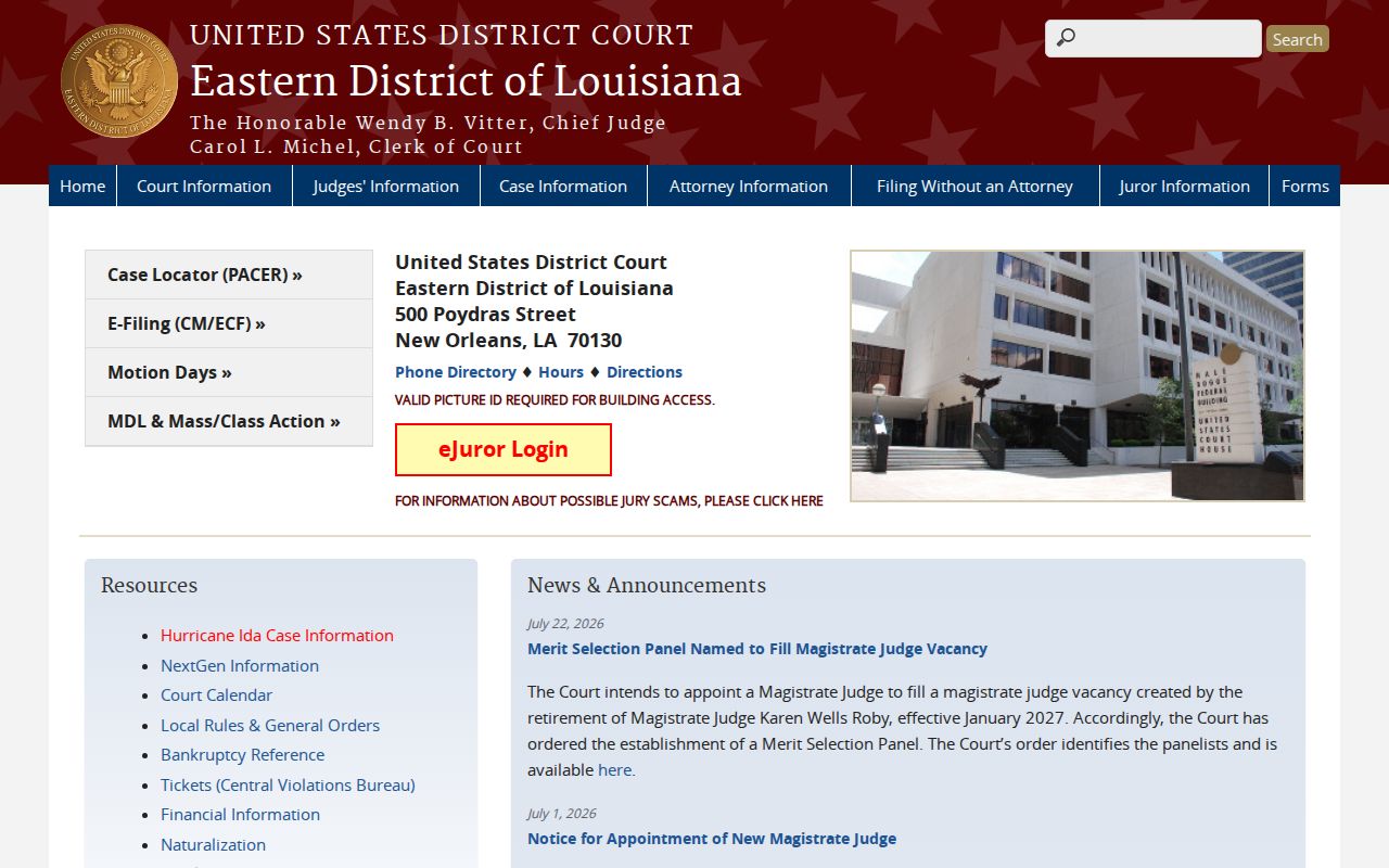 Eastern District of Louisiana official court site for federal criminal cases