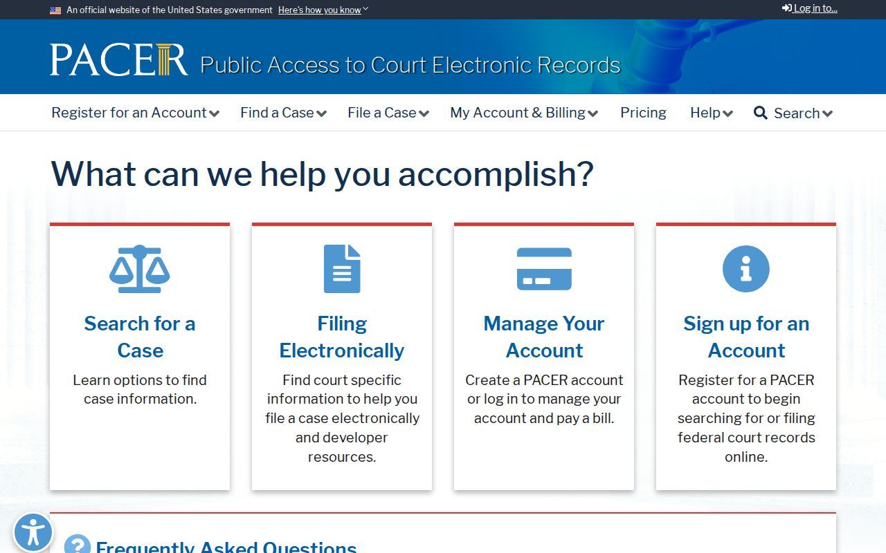 PACER official federal court records access page