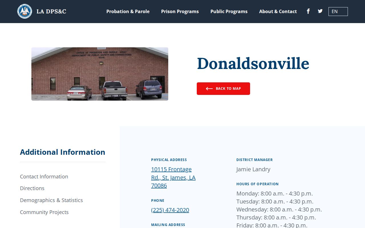Donaldsonville probation and parole district serving LaPlace