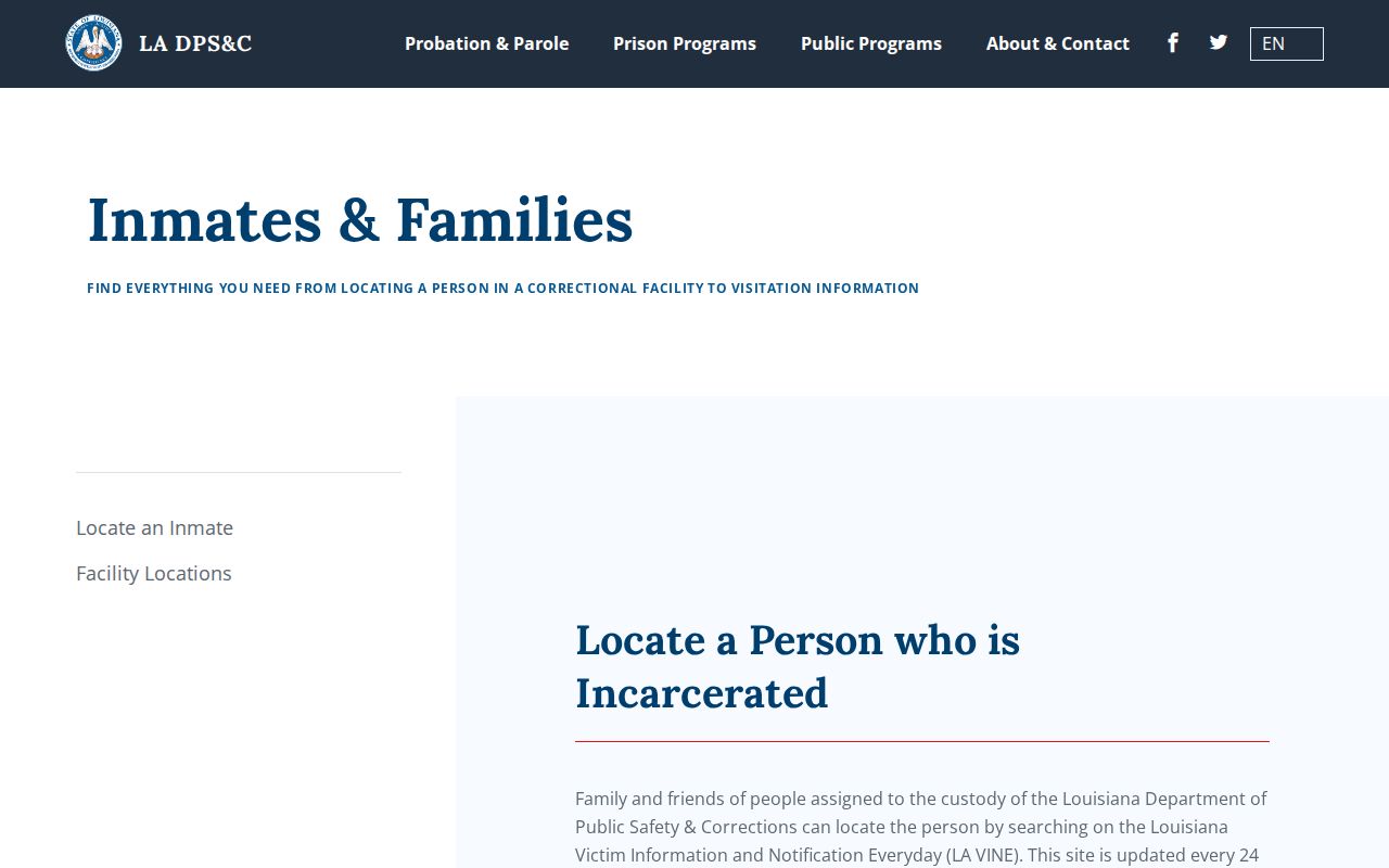 Louisiana imprisoned-person locator for custody after a Reserve case