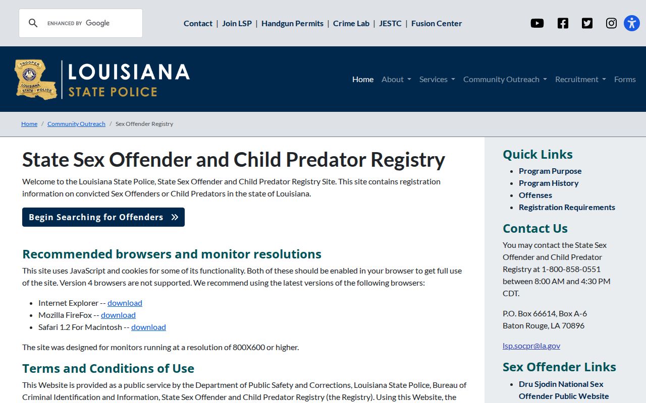 Louisiana State Sex Offender and Child Predator Registry entry page