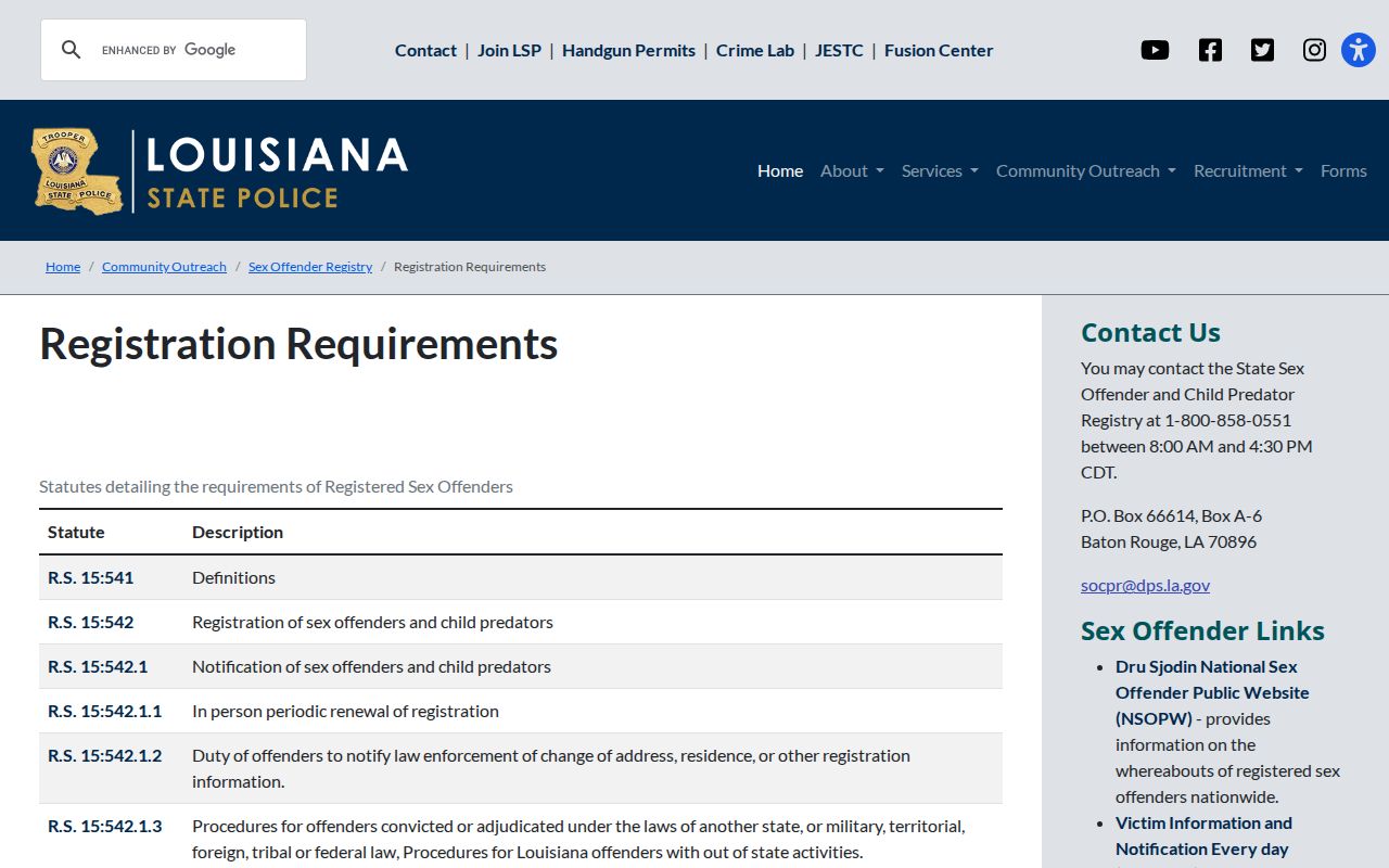 Louisiana State Police sex offender registration requirements