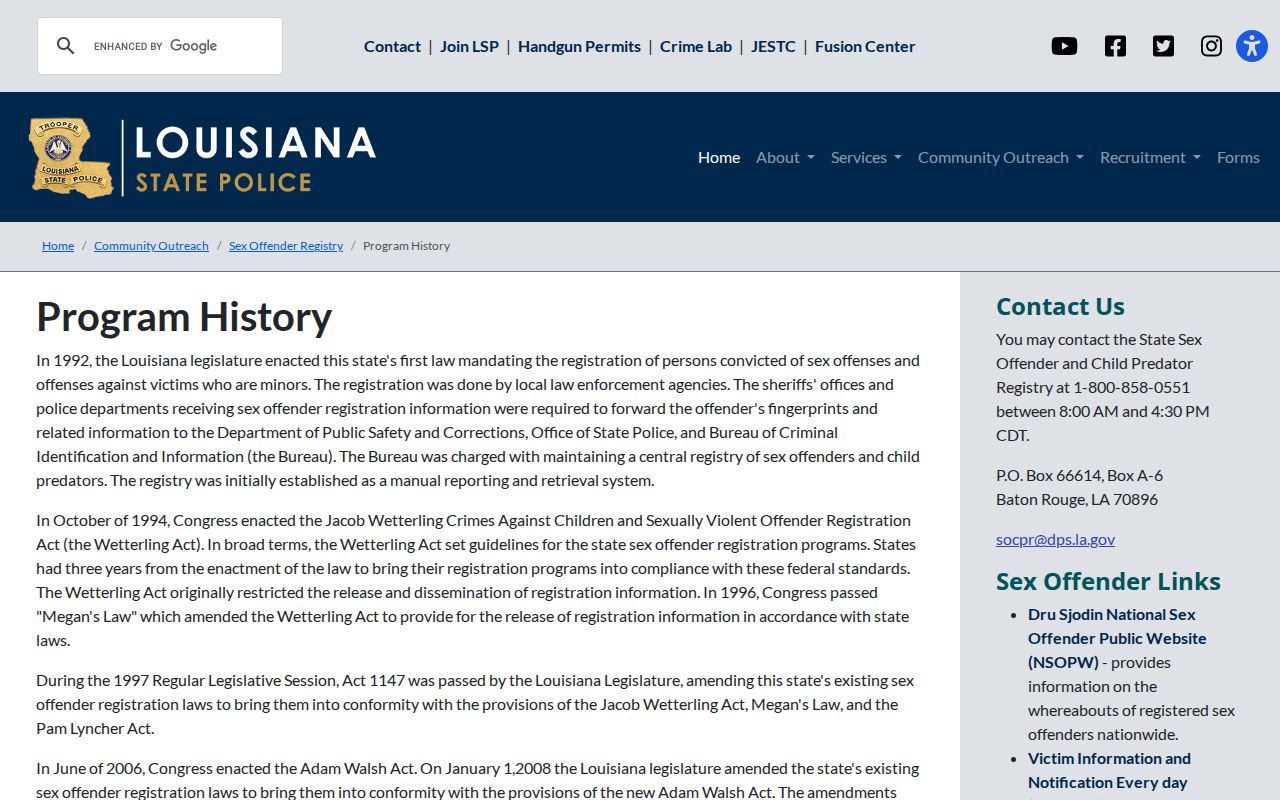 Louisiana State Police sex offender registry program history