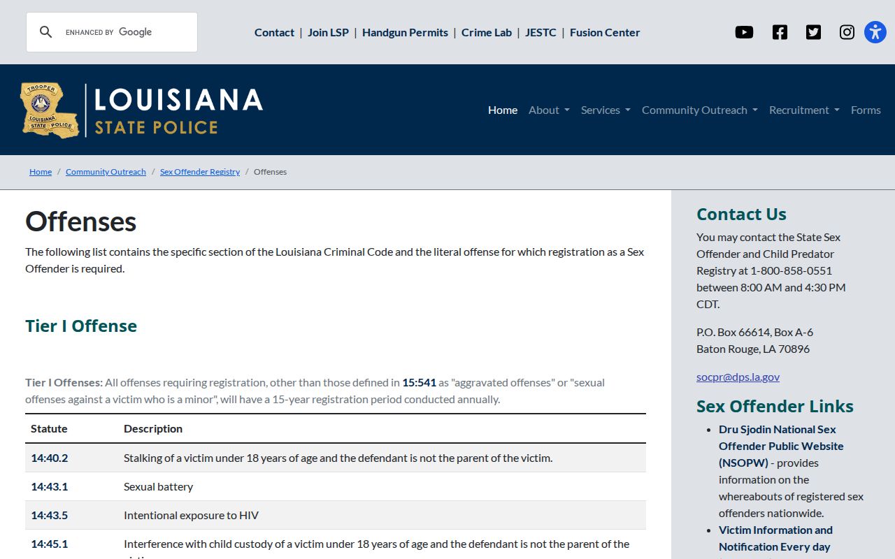 Louisiana State Police registry tiers and qualifying offenses